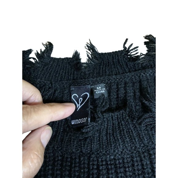 Windsor Knit Crop Black Sweater Fringe Sleeve Top Size Medium Boho - Picture 3 of 5